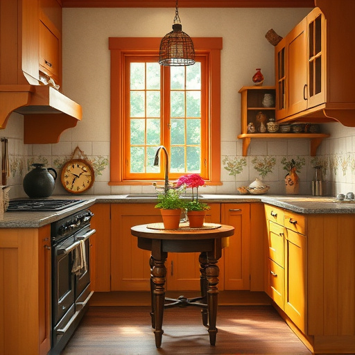 A cozy 8-by-12-foot kitchen designed in the Arts and Crafts Movement style, featuring handcrafted craftsmanship and organic forms. The space showcases warm, earthy tones such as deep amber, muted olive greens, soft terracotta, and subtle browns, creating an inviting atmosphere. Sturdy wooden cabinets with paneled doors and decorative carvings complement a vintage-inspired stove with ornate detailing and a rustic farmhouse sink with a handcrafted faucet. A small, round wooden table with turned legs sits in the center, decorated with woven placemats and a cheerful potted herb garden in terra cotta pots. Quirky decorative accents include a hanging basket filled with colorful, hand-painted ceramic utensils, a rooster-shaped teapot, and a whimsical floral motif clock. The backsplash features hand-painted tiles with stylized floral and organic patterns, enhancing the artisanal ambiance. Natural light filters through a leaded-glass window, illuminating textured walls with subtle nature-inspired mural motifs. An open shelf displays vintage pottery, handmade ceramics, and whimsical knick-knacks. The background hints at a lush garden with blooming flowers and greenery, emphasizing the organic, handcrafted aesthetic. Overall, the kitchen exudes warmth, nostalgia, and playful charm characteristic of Arts and Crafts design.