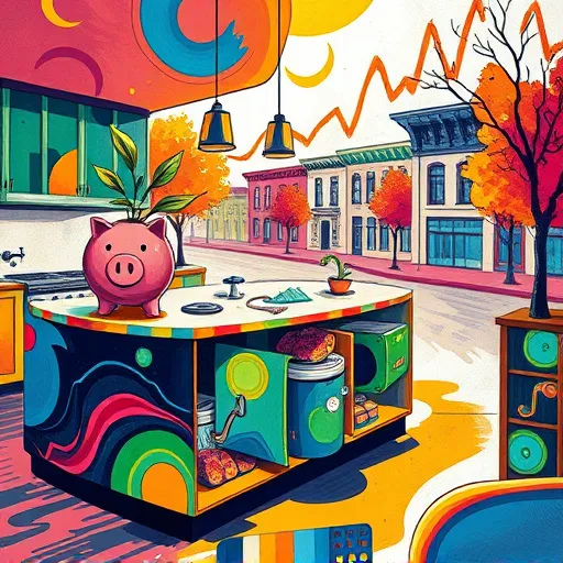 A vibrant PopArt-style illustration of a cheerful kitchen scene promoting affordable remodeling in Ann Arbor, Michigan. The image features colorful, mismatched cabinets in bright red, yellow, and blue, contrasted with a sleek silver refrigerator sparkling with comic-style sparkles. A whimsical oversized faucet with exaggerated curves sprays bubbles and droplets, emphasizing renovation. Quirky details include a cartoonish measuring tape swirling around, a vintage geometric patterned backsplash, and a cheerful potted plant with oversized leaves on the countertop. In the background, a stylized Michigan map displays a tiny Ann Arbor marker, surrounded by swirling stars and musical notes, adding regional flair. The sunlit kitchen is lit with bright, modern lighting, creating an upbeat, inspiring mood. Bold primary colors—reds, yellows, blues, and greens—contrast vividly to evoke excitement and fun. The overall composition conveys innovation, affordability, and the lively spirit of Ann Arbor, capturing a playful, energetic attitude toward budget-friendly kitchen upgrades in a colorful PopArt aesthetic.