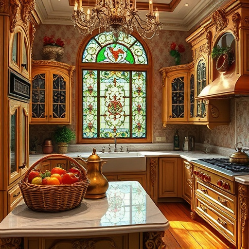 A vibrant, modern kitchen scene featuring sleek cabinetry, sparkling quartz countertops, and high-end appliances reflecting light. The space is set within a semi-open-concept layout with detailed textures of wood grains and marble veining. Playfully, a cluster of colorful, miniature kitchen gadgets—including tiny spatulas, retro toasters, and quirky spice jars with expressive faces—float or dance above the countertop, adding charm and personality. Soft natural light filters through large windows, revealing a lush South Lyon backyard with mature trees and blooming flowers, creating a warm, welcoming atmosphere. In the background, cozy houses and tree-lined streets evoke a friendly neighborhood. The scene employs warm neutrals, rich browns, subtle pastels, and bright accents from the quirky gadgets, combining professional craftsmanship with playful, lively elements. The realistic art style highlights surface textures and reflections, offering a high-quality, inviting depiction of a dream kitchen that blends elegance with delightful character.