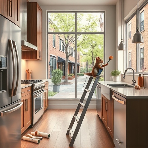 A detailed scene of a modern professional kitchen undergoing renovation in Northville, Michigan, depicted in the SocialRealism style. The image features sleek stainless steel appliances reflecting light, sturdy wooden cabinets with intricate grain textures, and freshly painted walls in soothing muted tones that convey professionalism. Scattered tools like paint rollers, brushes, and blueprint scrolls are subtly integrated throughout the scene to suggest ongoing renovation work. A cheerful squirrel wearing tiny overalls stands on a ladder, handing a tool to a nearby worker, adding a playful and charming element. The background shows large windows overlooking a Northville neighborhood street lined with historic brick buildings and lush trees, softly blurred to create depth and community ambiance. Warm lighting accentuates textures and details, resulting in an inviting and balanced atmosphere that combines professionalism with lively creativity. The bold lines, realistic textures, and slightly exaggerated proportions characteristic of the style give the image a grounding quality, while the earthy neutrals, gentle greens, and soft blues create a harmonious, trustworthy vibe ideal for a blog about top-tier renovation services in Northville, Michigan.