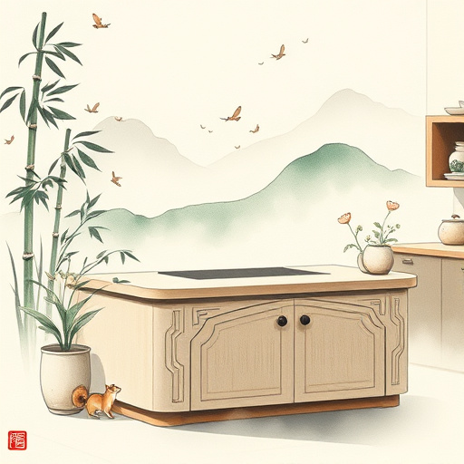 An abstract, expressive artwork showcasing custom kitchen cabinets in Farmington, Michigan. The painting features vibrant swirling brushstrokes illustrating rich wood grains and intricate cabinet details, with warm browns, creamy whites, and hints of muted teal suggesting modern sophistication. Geometric shapes and layered textures imply cabinet doors and drawers, while subtle outlines of trees and the quaint streets of Farmington evoke the community setting. Quirky, artisan-inspired elements include exaggerated gold handles and floating stylized tools like a hammer and measuring tape, emphasizing craftsmanship. The background depicts a cozy kitchen scene with abstract countertops and utensils, rendered in bold, expressive strokes that convey movement and emotion. Overall, the lively composition combines artistic energy with professional craftsmanship, celebrating the artistry of custom kitchen design in Farmington.