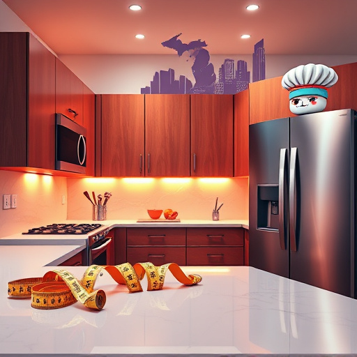 An abstract, geometric artwork depicting custom kitchen cabinets in Novi, Michigan, created in a Geometric Abstraction style. The image features sleek, angular cabinet shapes composed of overlapping triangles, rectangles, and parallelograms, highlighting a modern kitchen design. Metallic gold accents adorn the matte pastel shades of teal, soft pink, and muted lemon yellow, adding sophistication and playfulness. In the background, stylized, faceted trees and simplified buildings evoke Novi's suburban landscape, set against a gradient sky blending warm peach and cool lavender. Quirky details include whimsical handles shaped like tiny musical notes and geometric fruits such as stylized pineapples or apples floating within the cabinet design. Decorative patterns of zigzags and circles provide texture, enhancing the visual interest. The overall composition exudes brightness, innovation, and a harmonious fusion of contemporary style with local charm, featuring sharp lines and flat colors that convey movement and artistic energy in a creative reinterpretation of modern kitchen cabinetry.