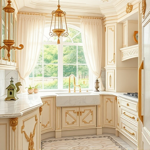 A luxurious Rococo-inspired kitchen in Salem, Michigan, featuring ornate gold-trimmed cabinets, swirling marble countertops in soft creams and pastel blushes, and intricate carvings with scrolling motifs. The scene includes vintage brass pendant lights with tassels, casting a warm glow over a stylish yet functional layout that blends elegance with modern efficiency. Decorative details showcase Salem’s charm and Michigan’s natural beauty, such as a miniature lighthouse figurine on a shelf and an ornate weather vane shaped like a squirrel, reflecting local wildlife. A sunlit window with sheer curtains reveals a lush garden of blooming wildflowers and tall grasses swaying in a gentle breeze, evoking freshness and serenity. Playful elements like a tiny birdhouse on the counter and a squirrel-shaped utensil holder add whimsy. The floor features a pattern of acorns and oak leaves, symbolizing Michigan’s forests. The warm, inviting palette includes soft golds, pastel pinks, mint greens, creamy whites, and blush accents, creating a bright, cheerful, sophisticated atmosphere that combines nostalgic elegance with innovative design—perfect for a blog cover about kitchen layout optimization in Salem, Michigan.