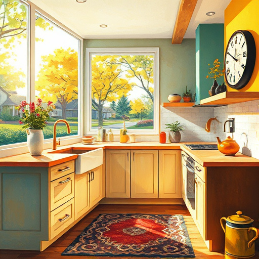 An abstract expressionist painting of a modern kitchen island featuring bold, textured brushstrokes that convey energy and creativity. The floating island is depicted with dynamic impasto textures in deep navy, lively coral, and crisp white, suggesting movement and vitality. Surrounding the island are abstract shapes and splashes of color representing tools, materials, and the creative process, with exaggerated brush marks resembling hammers, pipes, and cabinet handles. The vibrant background combines warm golds and cool blues, creating an energetic and optimistic atmosphere that reflects innovative kitchen renovation. Tiny metallic accents resembling sparks or glitter add a whimsical touch, symbolizing craftsmanship and innovation. Soft, diffused lighting highlights the textured surface, evoking a lively, inspiring mood that celebrates the artistic craftsmanship behind kitchen island design and installation in an abstract, harmonious chaos.