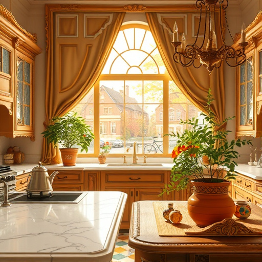 A rich and inviting Baroque-style kitchen scene showcasing an affordable kitchen makeover in Belleville, Michigan. The interior features ornate gold-trimmed cabinets, intricate moldings, and grand arched windows draped with flowing curtains that allow warm golden sunlight to fill the space. The countertops display cheerful vintage-inspired tiles in soft teal, burnt orange, and creamy beige, highlighting affordable charm. Quirky details include a vintage toaster and steaming coffee pot on a marble island, a rustic wooden table with a collage of colorful, mismatched knobs and handles symbolizing DIY updates, and lush greenery in decorative terracotta pots on the windowsills. The background highlights a vibrant, painterly Belleville cityscape with hints of fall foliage outside, adding warmth and a sense of locality. Playful touches like a vintage bicycle leaning against the wall and an ornate chandelier overhead add personality. The scene’s color palette blends warm golds, rich browns, and soft pastels, rendered in a lush, textured Baroque style with dramatic light and shadow, creating a sophisticated yet approachable atmosphere ideal for an informative blog cover about budget-friendly kitchen transformations.