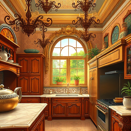 A richly detailed Baroque-style illustration of an opulent, grand kitchen scene featuring intricate ornate elements and a luxurious atmosphere. Wrought-iron chandeliers with delicate scrollwork hang from a vaulted ceiling, casting warm golden light over polished marble countertops and elaborately carved wooden cabinets. Vintage-inspired, personified appliances with whimsical expressions include a cheerful, smiling refrigerator decorated with filigree and a sleek oven with butterfly-shaped knobs, blending artistic craftsmanship with modern functionality. Small charming details, such as an ornate teapot steaming atop the stove, evoke a sense of eco-friendly innovation. The lush garden-inspired backsplash showcases decorative ceramic tiles adorned with stylized leaves and sunburst motifs, emphasizing eco-consciousness. Elegant draperies, gilded moldings, and lush greenery visible through a Baroque-style window create a harmonious blend of nature and architectural grandeur. The color palette features rich golds, deep emerald greens, and warm terracotta tones with metallic highlights, enhancing the luxurious vintage mood. Overall, the scene exudes timeless charm and sophistication with a playful, quirky twist that celebrates energy efficiency and sustainability through an ornate, artistic lens.