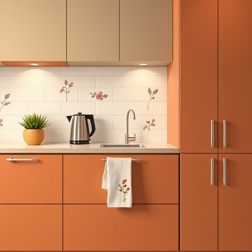 A realistic depiction of a modern kitchen featuring a series of precisely crafted, 500mm wide cabinets with smooth matte surfaces in warm earthy tones such as soft taupe, muted terracotta, and gentle olive. The cabinets are arranged in a clean, organized layout with seamless minimalist handles and subtle environmental reflections, highlighting high-quality materials. Decorative touches include a small potted succulent atop one cabinet, a vintage coffee grinder beside a modern kettle, and a colorful dish towel hanging casually. The background shows a light backsplash with delicate hand-painted botanical motifs, adding an artistic touch. Overhead under-cabinet lighting casts a warm glow, emphasizing textures and creating a cozy, inviting atmosphere. The scene combines practicality with personality, conveying a calm, professional yet playful kitchen environment ideal for inspiring cooking or baking. The realistic art style captures fine details of surfaces, hardware, and reflections, paired with an earthy color palette to produce an appealing, relatable image suitable for kitchen design or cabinetry blog content.
