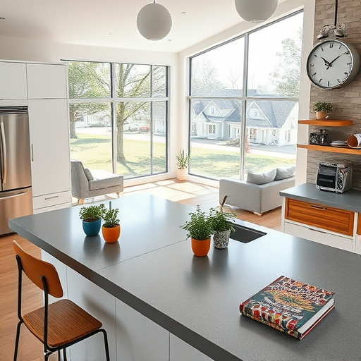 Photorealistic image of a renovated modern kitchen in Garden City, Michigan, featuring an open-concept design with warm neutrals, soft pastels, and metallic accents. The spacious kitchen showcases quartz countertops in marble tones, paired with matte black fixtures and minimalist brass details. Warm oak and cool gray cabinets with textured grain highlight craftsmanship, while a stainless-steel refrigerator blends seamlessly with the cabinetry. The contemporary island has an asymmetrical shape, topped with a colorful, whimsical mosaic backsplash made of playful ceramic tiles. Large floor-to-ceiling windows with airy curtains reveal a lush backyard garden with a vegetable patch and vibrant flowers, reflecting Garden City’s community charm. Modern pendant lights with geometric shapes hang above the island, providing a warm, inviting glow. Quirky details include a vintage-inspired toaster with retro illustrations and a ceramic herb garden in mismatched pots in the corner. The background features a peaceful suburban neighborhood with tree-lined streets and a view of the Detroit River in the distance, emphasizing local pride. The overall scene exudes a cozy yet upscale atmosphere, blending craftsmanship, creativity, and personality in a stylish, approachable setting.