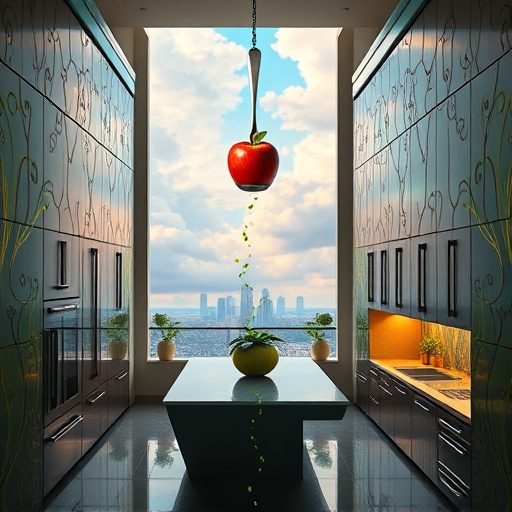 An Art Deco-inspired illustration of a modern, full-service kitchen remodel in Novi, Michigan, featuring symmetrical design with sleek geometric patterns and vintage glamour elements. The elegant kitchen showcases polished chrome accents, streamline angular cabinetry, and shimmering mirrored surfaces that convey luxury. Playful details include exaggerated faucet fixtures and a retro steampunk toaster, adding personality and innovation. The color palette highlights rich metallic golds, deep emerald greens, soft blush pinks, contrasted by black and creamy whites, creating a mood of refined professionalism and cheerful charm. In the background, stylized geometric patterns suggest regional landscapes such as trees or lakes, subtly integrating Novi’s scenery. Warm, crisp lighting from art deco lantern fixtures highlights glossy surfaces and intricate details. An ornate mirror or decorative panel reflecting a stylish, renovated kitchen emphasizes craftsmanship and transformation. Overall, the scene exudes confident elegance, blending quirky personality with timeless sophistication for a blog cover on expert kitchen remodeling and sophisticated design.