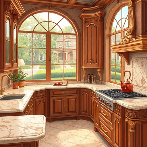 Luxurious Livonia, Michigan kitchen featuring custom intricately carved Baroque-style cabinets with gilded moldings, rococo motifs, and floral embellishments. Warm deep mahogany wood with golden accents highlighted by soft ambient lighting. Vintage-inspired brass handles with detailed engravings and playful decorative touches, such as a squirrel figurine and a vintage teapot, add charm. Background includes ornate marble-patterned backsplash with swirling veins, framed by lush baroque drapery. The scene is illuminated with a warm, candlelit glow, enhancing the richness of materials. In the foreground, an embroidered tablecloth drapes over a polished marble countertop, creating a regal yet inviting atmosphere that showcases timeless craftsmanship and artistic opulence.