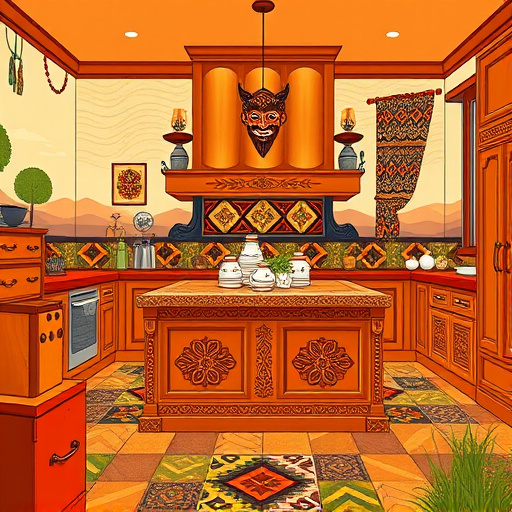 A luxurious high-end kitchen in Redford, Michigan, designed in elegant Art Deco style. The space features sleek, geometric cabinetry accented with polished nickel hardware, complemented by shimmering marble countertops with intricate symmetrical patterns. A vintage-inspired chandelier with chrome and glass elements hangs overhead, casting a warm, inviting glow. To the side, a retro-style refrigerator with chrome handles adds to the streamlined look. The backsplash is decorated with Art Deco-inspired ceramic tiles showcasing bold geometric motifs. The floor is covered with glossy black and white checkerboard marble tiles, enhancing the sense of opulence. Quirky details include a vintage-style jazz musician kettle and a small art deco phoenix sculpture on the counter. Large stained glass windows create colorful light patterns, while stylized plants with angular leaves add freshness. The overall scene exudes polished sophistication with playful touches, rendered in rich jewel tones of emerald green, deep navy, gold, and silver, blending 1920s glamour with modern refinement.
