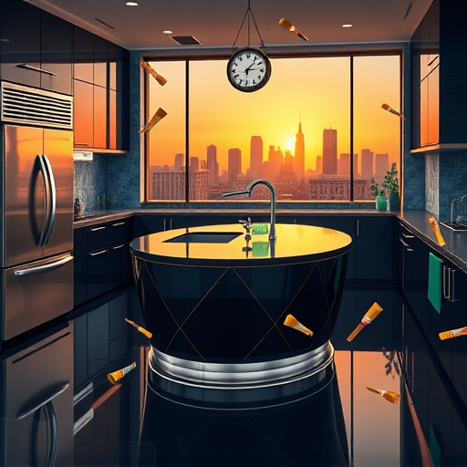 A sleek, modern kitchen remodel inspired by Art Deco design, featuring layered geometric patterns, symmetrical lines, and a polished aesthetic. The scene includes shiny chrome appliances, streamlined cabinetry, and geometric tiled backsplashes. A glossy, curved kitchen island with gold accents sits at the center, surrounded by floating stylized tools such as hammers, paintbrushes, and blueprint scrolls. In the background, a panoramic window reveals a city skyline at sunset, casting warm golden light over deep navy blues, emerald greens, and metallic gold and silver highlights. A whimsical vintage clock with ornate details is integrated into the scene, symbolizing time management, along with subtle honeycomb motifs and sunburst patterns enhancing the theme of organized creativity and elegance. The overall composition exudes confidence and invitation, blending timeless Art Deco style with modern luxury, ideal for a stylish kitchen renovation or remodeling blog cover.