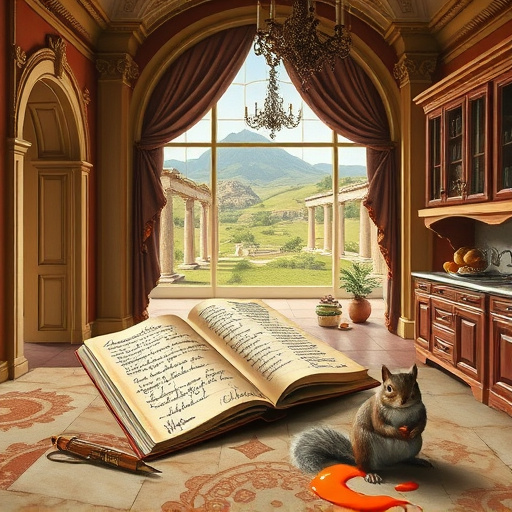 A lavish High Renaissance-style scene depicting the hidden costs of kitchen remodeling. The foreground showcases a grand, ornate kitchen with classical architecture, including arched doorways, intricate moldings, and polished marble countertops rendered in deep golds, velvety reds, and warm browns, evoking opulence and timeless elegance. Subtle whimsical details include a floating ledger book with cryptic notes and scribbles, a quill pen writing on parchment, a spilled jar of vibrant paint with drips on the floor, and a curious squirrel clutching a shiny coin behind a cabinet, adding quirky personality. The background features an expansive window with billowing drapes overlooking rolling hills and classical ruins, symbolizing renewal but with small cracks in the stone hinting at unforeseen expenses. Additional symbolic objects such as a broken chandelier, a hidden pocket of coins behind a loose tile, and a half-closed mysterious door suggest financial surprises beneath the elegant surface. The scene blends grandeur with curiosity and subtle humor, capturing the intricate, often deceptive nature of remodeling costs in a highly detailed, realistic High Renaissance style, employing a harmonious palette of deep golds, muted greens, and warm neutrals to create a sophisticated and engaging visual narrative.