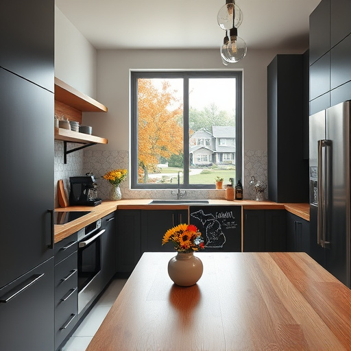 Photorealistic image of a modern kitchen in Dearborn Heights, Michigan, featuring sleek, minimalist matte charcoal gray cabinetry with warm natural wood accents on open shelves and island edges. The spacious layout showcases clean lines, smooth surfaces, and polished stainless steel appliances. Large window reveals a suburban neighborhood with vibrant autumn foliage in shades of amber, crimson, and gold, illuminated by natural daylight. The kitchen includes contemporary elements like a geometric backsplash with subtle marbled textures, a vintage coffee grinder next to a modern espresso machine, and a small ceramic vase filled with bright wildflowers such as sunflowers and daisies. A whimsical chalkboard sign with Michigan doodles, including Motown-inspired notes or a Michigan outline, adds local charm. The scene exudes a calm, inviting atmosphere blending urban sophistication with cozy family home warmth, set against lush greenery outside. Neutral tones are accented with warm wood, cheerful floral bursts, and the gleam of stainless steel, all rendered with photorealistic detail highlighting textures and light interplay—perfect for a lifestyle blog cover conveying a playful yet elegant modern kitchen.
