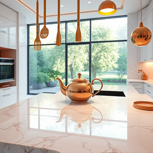 A sleek, minimalist illustration of a modern kitchen in Belleville, Michigan, featuring streamlined, handle-less cabinetry in soft marble grey and warm taupe matte finishes. An elegant kitchen island with a subtle geometric pattern showcases bespoke craftsmanship, decorated with minimal accessories like a vase of fresh herbs and a small, whimsical teapot. Large windows reveal Belleville’s suburban landscape with rolling hills and a historic town square in soft pastel tones. Playful details include a tiny cartoon squirrel under the island and a floating spoon, adding quirky charm. Warm, inviting lighting enhances the welcoming atmosphere, emphasizing high-quality design and comfort. The art style uses minimal lines and a restrained color palette to convey sophistication, clarity, and friendly warmth, capturing the essence of Belleville’s top kitchen designers in a chic, refined scene.