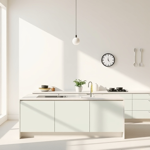 A futuristic, high-tech kitchen featuring seamless glossy surfaces, holographic displays floating above countertops, and modular smart cabinetry illuminated by soft neon blue and vibrant aquamarine lighting. The space includes minimal human presence, with a stylized abstract silhouette interacting with a floating digital interface, conveying engagement and innovation. Quirky elements like floating pots with lush greenery and hidden glowing gadgets integrate seamlessly into the modern design. Large panoramic windows showcase a dazzling cityscape with floating skyscrapers and neon-lit skies, emphasizing a forward-looking, innovative lifestyle. Wall textures incorporate subtle circuit board patterns, reinforcing the tech-inspired theme. The overall aesthetic combines sharp geometric shapes and dynamic movement lines within a vibrant palette of luminous blues, electric greens, and shimmering silvers, embodying energy, progress, and the transformative potential of a modern kitchen remodel.