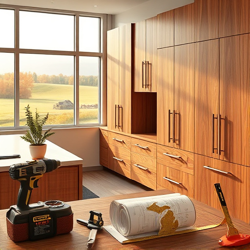 Photorealistic image of a modern, custom kitchen cabinetry installation in Romulus, Michigan, featuring sleek high-end wooden cabinets with detailed grain patterns and contemporary hardware. The partially finished kitchen showcases artisans’ tools, including a cordless drill, level, and clamps, on a nearby island, highlighting craftsmanship. Large windows in the background reveal a serene Michigan landscape with rolling hills and autumn foliage, bathing the space in warm natural light that accentuates the rich wood tones. The scene exudes a professional yet inviting atmosphere with clean, organized surfaces and hints of creative chaos from the installation process. Quirky details include mismatched colorful backsplash tiles stacked on a work surface, a small potted plant on the window sill with a tiny Michigan flag, and a cartoonish blueprint roll with doodled designs peeking from a toolbox. A realistic measuring tape adds a touch of humor, while the warm palette of browns, neutrals, and earthy greens evokes a calm, confident mood. The composition balances skilled craftsmanship with a relaxed, approachable vibe, illustrating a local Michigan kitchen renovation scene.