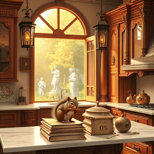 A High Renaissance-style illustration of an elegant, timeless kitchen interior emphasizing "zero financing" for a chic remodel. The scene features ornate, intricately carved wooden cabinets and polished marble countertops illuminated by warm golden sunlight streaming through large arched windows. Elegant hanging lanterns cast gentle glows over gleaming copper pots and vintage ceramic jars, showcasing craftsmanship. A whimsical squirrel wearing a tiny scholarly cap is perched on a countertop stacked with scrolls and ancient ledger books, symbolizing financial wisdom and debt-free budgeting. In the background, a serene garden view with classical sculptures visible through open windows reinforces a peaceful, prosperous ambiance. Decorative Renaissance-inspired elements such as floral motifs and ornate borders enhance the composition, blending grandeur with charm. The color palette includes warm ambers, rich browns, muted golds, and soft creams, evoking comfort and opulence. A carved wooden sign hanging from a hook displays “0%,” subtly representing zero financing and smart financial planning. This scene combines sophistication, elegance, and financial savvy, creating an inspiring visual of luxurious, debt-free home renovation.