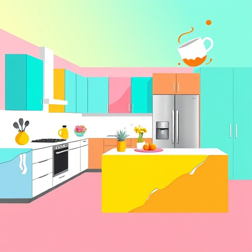 A vibrant, abstract modern kitchen remodel depicted in a ColorFieldPainting style with bold, expansive color blocks. The composition features oversized, simplified shapes of kitchen elements such as sleek countertops, contemporary cabinets, a shiny metallic refrigerator, and a quirky island, rendered in luminous shades of turquoise, warm yellow, soft pink, and crisp white. Playful, exaggerated utensils and appliances appear to dance across the canvas, while a whimsical splash of paint creates a subtle house outline in the background, symbolizing transformation and new beginnings. The airy, spacious environment is suggested by broad gradient washes of mint green transitioning to sky blue, creating a calm yet uplifting atmosphere. Small, unexpected details like a floating oversized coffee cup with swirling steam and a splash of orange add a fun, creative touch. Overall, the artwork conveys a sense of freshness, innovation, and optimism, ideal for a blog on current kitchen remodel trends, with an art style that emphasizes bold color blocking and harmonious contrasts.