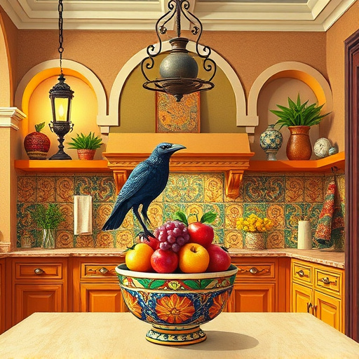 A colorful Byzantine-style illustration of a budget-friendly kitchen remodel, featuring a spacious room with ornate geometric tile patterns on the backsplash in shimmering gold, deep blue, and terracotta hues. The cabinets display classic Byzantine scrollwork, combining elegance and simplicity to suggest opulence on a budget. Playful details include a mosaic crow perched on a decorative fruit bowl with exaggerated, jewel-toned grapes, oranges, and apples, adding luxury and whimsy. A handmade painted ceramic pitcher and a patchwork apron hanging from a hook add personality and charm. The scene is illuminated by a warm, soft glow from an oil lamp, creating a cozy and inviting atmosphere. Elegant arches and patterned textiles drape from shelves and windows, evoking historical grandeur repurposed with style. The overall warm palette of golds, blues, reds, and earthy tones conveys a sophisticated yet playful and approachable aesthetic, ideal for illustrating affordable, stylish kitchen renovations with Byzantine-inspired elegance.
