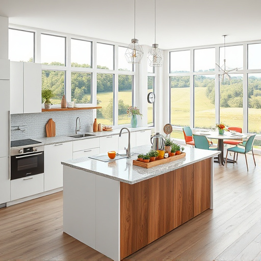 Hyper-realistic depiction of a modern, custom kitchen in Farmington Hills, Michigan, featuring elegant cabinetry with sleek, minimalist lines and rich natural wood grain textures. The polished marble countertop with subtle veining displays beautifully crafted ceramic bowls, vintage coffee mugs, and a colorful spice rack. Warm ambient lighting highlights the detailed craftsmanship of the cabinets, which feature intricate moldings and subtle hardware. Large windows in the background reveal a leafy suburban neighborhood with snow-dusted trees, reflecting Michigan’s seasonal charm. A cozy breakfast nook with a rustic wooden table and vibrant potted plant adds inviting warmth. A whimsical ceramic chicken ornament sits atop the countertop, adding playful charm. The scene’s earthy color palette of browns, whites, and greens, along with realistic textures of wood, stone, and metal and subtle surface reflections, emphasizes a sophisticated yet welcoming kitchen environment that combines quality craftsmanship with aesthetic elegance.