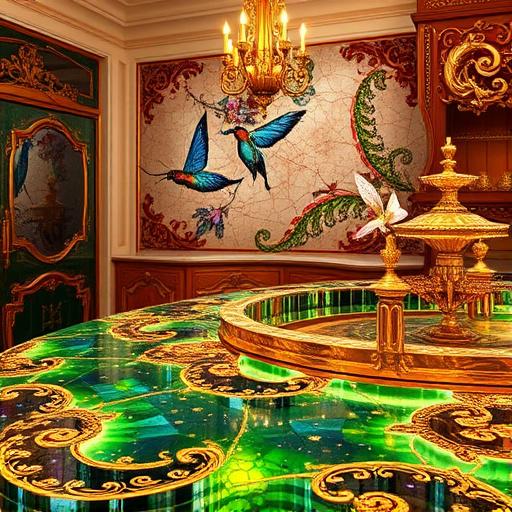 A highly detailed baroque-inspired scene featuring recycled glass countertops as the focal point, illuminated by warm golden lighting that highlights their vibrant colors—emerald greens, deep blues, and amber reds. The countertops showcase elaborate curves, ornate carvings, and embedded reflective glass fragments that create a kaleidoscope of lively colors. Surrounding elements include swirling floral motifs, gilded frames, and intricate scrollwork, set against a richly adorned marble wall with gold-leaf accents. Elegant chandeliers cast a warm glow over vintage metallic fixtures, enhancing the luxurious ambiance. Playful details like tiny insects and curious faeries nestled among ornate carvings add whimsical charm, emphasizing eco-friendly craftsmanship within a classic baroque aesthetic. The overall composition exudes opulence, creativity, and sustainability through a rich palette of golds, emeralds, purples, and metallics.