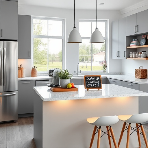A realistic depiction of a modern, affordable kitchen in Belleville, Michigan, showcasing smart design solutions. The cozy, inviting space features warm earthy tones, including muted browns, soft tans, and gentle sage greens. The countertops are decorated with eco-friendly wooden cutting boards, colorful ceramic bowls, and a vintage-inspired kettle, highlighting budget-friendly yet charming choices. sleek cabinetry with clean lines and minimal hardware combines functionality with affordability. Open shelves display neatly arranged dishware and potted herbs, adding freshness to the scene. A small window allows natural light to fill the space with a soft glow, revealing glimpses of a peaceful suburban neighborhood outside. Quirky details include painted mason jars with whimsical designs and a retro-inspired clock on the wall. Subtle elements like labeled price tags on decor items and woven baskets near the sink emphasize budget-conscious remodeling. In the background, a cozy dining nook with a checkered tablecloth and a vintage radio enhances the homey atmosphere. The overall mood is calm, optimistic, and playful, illustrating that stylish, practical kitchen upgrades can be affordable. The image's realism style highlights intricate textures such as wood grain, ceramic shine, and soft fabrics, making it relatable for homeowners seeking affordable yet beautiful kitchen improvements.