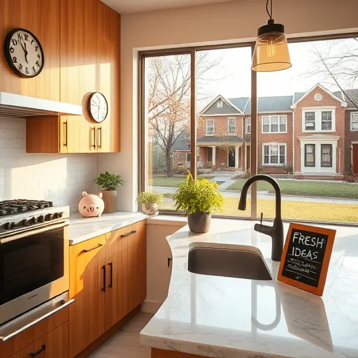 A vibrant pop art-style illustration of a contemporary kitchen remodel in Westland, Michigan, featuring bold contrasting colors like electric blue, fiery red, sunny yellow, and crisp white. The scene includes sleek, minimalist cabinetry with exaggerated handles, a glossy floating island reflecting stylized geometric patterns, and futuristic appliances decorated with whimsical patterns and comic-style outlines. Oversized porthole windows reveal a stylized cityscape of Westland with exaggerated skyscrapers, playful rooftops, and caricatured trees in bright, flat colors against a patterned sky. The backsplash showcases an abstract mosaic of Michigan icons—lighthouses, Michigan-shaped cutouts, and car symbols—adding local culture with a whimsical touch. Bright overhead lighting fixtures shaped like oversized, faces on light bulbs cast a lively glow. The countertops display amusing kitchen gadgets like a smiling toaster, dancing kettle, and a cartoon fruit bowl with exaggerated, colorful fruits. The environment exudes a lively, upbeat mood with playful pop art motifs such as halftone dots and bold stripes, along with quirky details like exaggerated steam from the kettle and a tiny cartoon mouse peeking from a drawer, blending sleek design with whimsical charm in a dynamic, eye-catching composition perfect for showcasing fun, modern kitchen renovations.