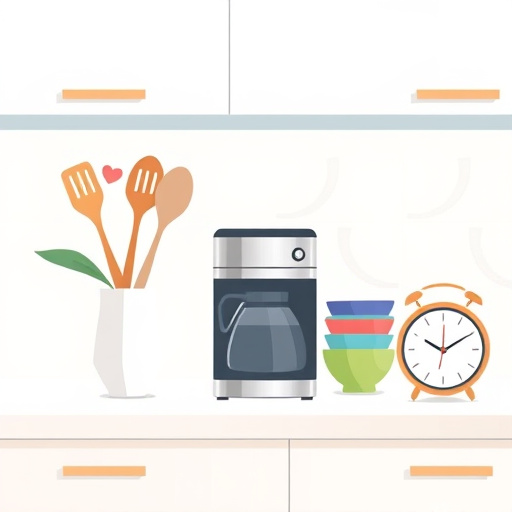 A vibrant, futuristic kitchen illuminated by neon and pastel lighting, featuring sleek, minimalist surfaces with reflective, transparent glass countertops embedded with luminous filaments. Tall, angular cabinetry with smooth, curved edges incorporates holographic interfaces and floating storage compartments. A large, curved window showcases a futuristic cityscape with towering skyscrapers and aerial traffic. Soft, pulsating lights cast dynamic shadows across the space. Floating, holographic ingredients such as vegetables and glowing fruits hover above a levitating induction stove. In the corner, a quirky robotic coffee maker with animated eyes prepares a bright cup of coffee. Additional details include tiny dancing sparks around utensils, a floating holographic plant with shimmering leaves, and a sleek cat-shaped robot on the counter. The scene exudes a sense of optimistic innovation, combining high-tech elegance with inviting warmth in a streamlined, energetic art style.