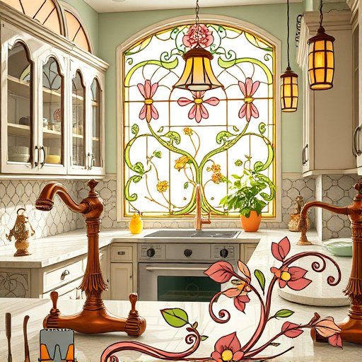 An intricate, vibrant scene of a kitchen remodel illustrated in elegant ArtNouveau style. The design features flowing, organic lines framing a beautifully redesigned kitchen with ornate cabinetry, swirling patterned countertops, and stylized, curved plant motifs intertwined with structural elements. Shimmering copper accents, soft mint greens, warm terracotta tones, and hints of gold evoke craftsmanship and renewal. Whimsical touches include gracefully arching faucets, flower-shaped light fixtures, and large stained-glass windows with floral motifs, filtering warm natural sunlight. In the foreground, decorative curvilinear tools with ArtNouveau embellishments rest on a counter, symbolizing craftsmanship. The background showcases lush botanical designs intertwined with stylized architecture, conveying harmony between function and art. Tiny hidden details, such as curling vines around a modern oven and a small ornate bird on a cabinet handle, add personality and whimsy. The overall mood blends professionalism with playful creativity, highlighting the transformative power of thoughtful, artistic kitchen renovation in the distinctive elegance of ArtNouveau style.