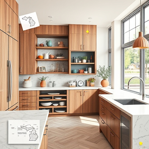 A realistic depiction of a modern Salem, Michigan kitchen features an open-concept layout with large windows overlooking lush greenery and rolling hills. The sleek design includes matte white cabinets with rustic wooden accents, a central island with polished granite countertops adorned with vintage-style accessories like a retro electric kettle and a colorful spice rack. Open shelves display quirky ceramic mugs and potted herbs with handmade labels. The backsplash showcases an abstract mosaic inspired by Michigan’s lakes and forests. Modern geometric pendant lights hang above the island, casting warm light. In the background, a cozy nook with a small breakfast table surrounded by colorful mismatched chairs adds charm. The color palette combines soft neutrals, warm wood tones, and lively blue and green accents, blending contemporary elegance with playful personality. The highly detailed, realistic style captures textures such as wood grain and sunlight reflections, creating an inviting, lively atmosphere perfect for casual gatherings or morning routines.