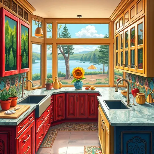 A vibrant Byzantine-inspired mosaic illustrating an affordable kitchen remodeling scene in Inkster, Michigan. The mosaic features ornate, stylized kitchen elements including shimmering copper pots, intricately patterned ceramic tiles, and elegantly carved wooden cabinets accented with gold highlights. Playful decorative motifs such as stylized fruit, floral patterns, and geometric shapes intertwine around the scene, creating a lively yet sophisticated atmosphere. Small whimsical details include miniature tools with Byzantine flourishes, a shimmering sink with jewel-toned flowing water, and colorful, patterned countertops emphasizing craftsmanship and transformation. In the background, abstracted urban Michigan architecture with softly glowing lamplights visible through arched windows adds warmth. Quirky accents include a smiling Michigan mitten ornament within the tiles and arranged patterns of plates and utensils that enhance personality and charm. The color palette features rich hues of deep gold, vibrant turquoise, warm terracotta, and subtle emerald greens, blending Byzantine ornamentation with a modern, playful aesthetic. The intricate lines, gold leaf-like highlights, and layered textures evoke a sense of tradition and innovation in accessible kitchen upgrades.