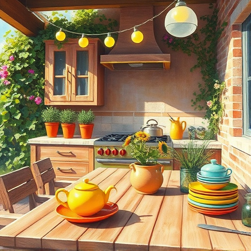 A vibrant Mexican mural-style kitchen featuring bold, expressive brushstrokes with energetic yellow and crisp white hues. The scene showcases traditional Mexican motifs blended with modern kitchen elements, including a backsplash of large, stylized ceramic tiles with intricate geometric patterns. Folkloric plants with swirling leaves and blooming flowers cascade from a central hanging basket, adding lively movement. Oversized, whimsical utensils resembling folkloric sculptures—like a giant spoon and spatula—serve as playful landmarks. Curvilinear countertops flow like fabric caught in a breeze, paired with cheerful yellow cabinets decorated with white embroidery-inspired motifs. Cartoonish pots and pans with smiling faces populate the scene, along with a rooster-shaped spice jar atop the counter. The background depicts stylized Mexican landscape with warm ochre and deep red mountains, bright sun motifs radiate energy, and small details like chili pepper patterns on drawer handles and mosaic borders enhance the scene's personality. The bold outlines, vivid colors, and layered shading reflect Mexican Muralism’s celebration of culture, creating a lively, warm, and whimsical kitchen space full of tradition and charm.