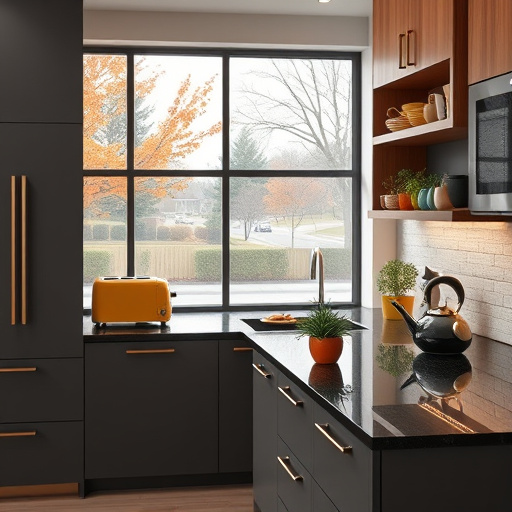 An elegant Art Deco-inspired illustration of an affordable kitchen remodel in Dearborn Heights, Michigan. The scene showcases a vintage-style kitchen with geometric navy cabinetry accented by gold details, glossy turquoise countertops, and symmetrical tile backsplash. A polished brass retro faucet curves over a minimalist sink, complemented by shimmering metallic appliances such as a vintage refrigerator and oven with intricate patterns. Large window with zigzag curtains reveals a suburban neighborhood, symbolizing Dearborn Heights community. A whimsical sunburst pendant light casts warm glow, while decorative potted herbs with curved leaves and geometric dishware on open shelves highlight creative reuse and affordability. The mood is sophisticated yet welcoming, blending jewel tones with metallic gold and brass for a stylish, cost-effective renovation. All elements feature crisp, symmetrical lines typical of Art Deco design, evoking elegance, movement, and transformation—perfect for inspiring homeowners to reimagine their kitchens with flair and value.