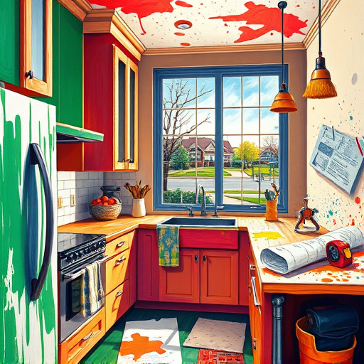 An abstract expressionist artwork featuring vibrant, swirling strokes of bold colors including deep greens, warm ochres, lively turquoise, metallic silver accents, and splashes of vibrant orange and hot pink. Dynamic, gestural shapes suggest kitchen elements like countertops, cabinets, and appliances with exaggerated, playful lines conveying movement and transformation. Subtle geometric patterns hint at architectural precision, while abstract foliage motifs and faint silhouette of the Detroit River evoke Garden City, Michigan’s lush environment and regional landscape. The composition combines chaotic textures with harmonious color interplay, reflecting mastery and craftsmanship of top-rated Garden City kitchen remodeling companies. whimsical details such as tiny tool-like shapes and miniature house outlines add charm, all rendered in energetic brushwork inspired by Abstract Expressionism to evoke creativity, innovation, and lively renovation spirit.
