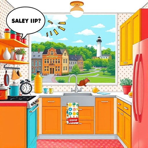 A colorful, ArtBrut-inspired illustration of a modern kitchen renovation scene, featuring exaggerated, rough-hewn lines and a raw, expressive style. The cluttered kitchen workspace includes oversized, cartoonish tools such as a hammer, paintbrush, and wrench, interacting with mismatched, slightly crooked cabinets and countertops that emphasize playful chaos. Bright, contrasting colors like vivid reds, electric blues, and sunny yellows dominate the scene, conveying energy and curiosity, while darker accents suggest hidden financial concerns. Quirky details include a cracked piggy bank overflowing with dollar bills on the counter and a whimsical tape measure looping humorously through the scene, symbolizing fluctuating renovation costs. In the background, a stylized city skyline is visible through an uneven window, with exaggerated dollar signs and price tags hanging like banners, representing urban renovation expenses. The overall tone is upbeat and playful, reflecting the unpredictability and excitement of remodeling costs this year, capturing the chaos, surprises, and humor associated with home renovation budgeting.