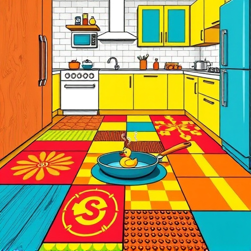 A vibrant PopArt-style illustration of a modern, lively kitchen featuring an array of non-slip flooring options. The scene showcases mock wood planks, geometric patterned tiles, rubberized mats with playful motifs, and textured vinyl in bold, contrasting colors such as electric blue, fiery red, sunny yellow, and deep teal. Quirky details include a cartoonish rubber duck slipping on one mat and a cheerful frying pan with animated steam curls. The background displays stylized cabinets and countertops with exaggerated thick outlines in bright PopArt hues. Decorative icons like a “slip-proof” badge and expressive water droplets enhance the playful, energetic atmosphere. The image emphasizes safety and style through detailed, colorful flooring and a dynamic comic strip-inspired composition, creating a fun, reassuring visualization of safe, stylish kitchen flooring solutions.