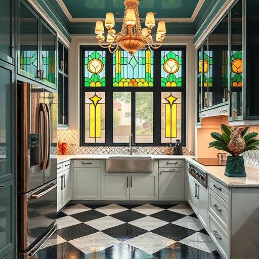 A high Renaissance-style interior of a luxurious kitchen showcasing a cabinet refacing project in Livonia, Michigan. The scene features finely carved wooden cabinets with ornate moldings, decorative motifs, and intricate inlay patterns, all finished with a polished, gleaming surface that reflects masterful craftsmanship. Elegant scrollwork and vintage-inspired hardware are seamlessly integrated into the cabinet doors, blending old-world grandeur with subtle modern touches. A central marble countertop with swirling veining serves as a focal point beneath an elaborate brass chandelier that casts warm, inviting light, creating an atmosphere of refined comfort. Natural light filters through a large arched stained glass window, casting colorful reflections onto the polished surfaces below. A whimsical detail includes a tiny squirrel peeking from behind a cabinet door and an ornate miniature clock embedded within the cabinetry, adding playful personality. The background features a softly painted mural of Michigan’s landscapes—including lakes, forests, and farmland—symbolizing regional charm. Vintage tools and painter’s easels rest unobtrusively nearby, emphasizing the artistry involved in cabinet refacing. Warm tones of golden browns, rich creams, accented with deep emerald and blue hues, enhance the luminous, jewel-like quality characteristic of high Renaissance art, resulting in an opulent, timeless scene filled with craftsmanship, elegance, and playful details.