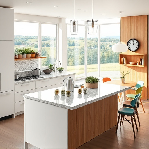A vibrant Impressionist-style scene depicting a custom kitchen design and build in Westland, Michigan. The modern kitchen features sleek cabinetry with soft curves, textured countertops, and open artisan-style shelves displaying handcrafted pottery and fresh herbs. Warm sunlight filters through large, slightly abstracted windows revealing hints of a suburban backyard with greenery and blooming flowers. Bright accents in teal, yellow, and ochre add cheerful energy, complemented by playful details like a vintage teapot, an eclectic patterned rug, and a whimsical clock with exaggerated numbers. The background subtly showcases a tree-lined street of Westland, with impressionistic dabs of color representing stylized trees and houses, evoking a peaceful, community-oriented atmosphere. The painterly brushstrokes convey movement, light, and texture, highlighting the artistry and craftsmanship of personalized home remodeling. This scene captures the creative vision and welcoming spirit of custom kitchen design in Westland, Michigan.