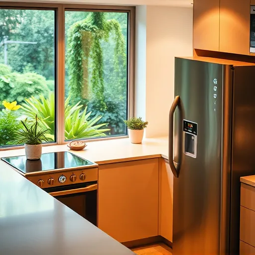 A detailed, photorealistic image of a modern kitchen countertop illuminated by warm lighting. In the foreground, sleek energy-efficient appliances—including a stainless steel refrigerator, oven, dishwasher, and microwave—feature subtle LED indicators and high-gloss surfaces that reflect their eco-friendly design. Energy-saving symbols, such as leafy emblems and renewable energy icons, are subtly embedded into the appliance panels, emphasizing sustainability. Quirky decorative elements include a small potted plant atop the fridge with a miniature wind turbine inside, symbolizing renewable energy, and a vintage-style kitchen timer with a playful face beside the stove. The background showcases a lush green outdoor garden visible through large, clear glass windows, highlighting harmony with nature. The scene combines modernity and eco-consciousness with a color palette of crisp whites, stainless steel silvers, vibrant greens, and warm amber lighting, conveying cleanliness, innovation, and a sustainable future for home energy use.