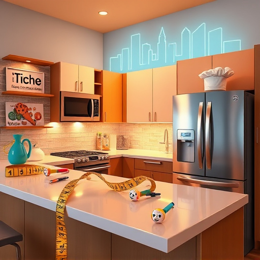 A colorful digital illustration of a modern kitchen showcasing top-rated remodeling companies in Westland, Michigan. The sleek kitchen features high-gloss countertops, stylish cabinetry, and innovative appliances, all illuminated by warm, inviting lighting that emphasizes quality and professionalism. Playful, cartoonish elements include a whimsical measuring tape wrapping around the cabinets and tiny, colorful tools with expressive faces scattered on the countertop, adding a friendly, quirky touch. In the background, a stylized map outline of Westland, Michigan, or an abstract cityscape skyline is subtly integrated into the wall art, enhancing local relevance. Additional charming details include a vintage blueprint mannequin and a chef’s hat atop a shining refrigerator, creating a dynamic yet welcoming atmosphere. The color palette consists of warm neutrals like rich browns and soft beiges, with accents of vibrant teal and coral, blending sophistication with lively pops of color. The scene features smooth gradients, clean lines, and a polished finish, combining realism and illustrative style for an eye-catching representation of home renovation excellence.