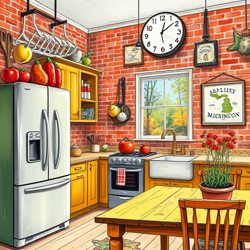 A vibrant ArtBrut-style illustration of a modern farmhouse kitchen in Farmington Hills, Michigan, featuring bold, exaggerated lines, textured brushstrokes, and a lively, playful atmosphere. The scene includes oversized, whimsical appliances such as a crooked stainless steel refrigerator with doodles, a vintage-inspired stove with exaggerated knobs, and a large, quirky sink with exaggerated curves. Bright, contrasting colors like mustard yellow, sage green, deep blue, and cherry red create a cheerful, inviting mood. Unusual details include a cloud-shaped pot rack, vegetable sculptures on open shelves, a cartoonish mug with cheerful eyes, and uneven countertops with exaggerated utensils and twisted herbs. The rustic brick wall background showcases hand-painted signs of Michigan produce—apples, cherries, blueberries—and sketches of landscapes with hills and pine trees. A quirky clock with exaggerated hands hangs above mismatched chairs and a rustic table, while a small window reveals autumn foliage and nearby forests. Playful shadows and loose brushstrokes emphasize the lively, artistic, and hometown charm of this inventive farmhouse kitchen scene.