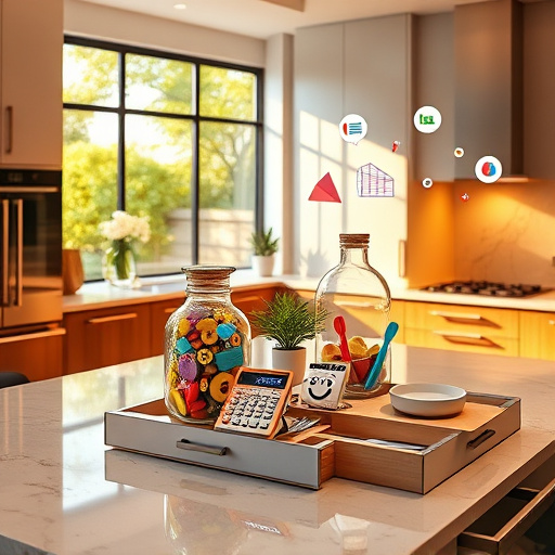 A vibrant, PopArt-inspired scene of a playful, colorful kitchen in Livonia, Michigan, featuring bold contrasting colors like yellows, blues, reds, and whites. The stylized kitchen interior has exaggerated comic-book outlines, clean lines, and geometric shapes. Oversized, cartoonish utensils—whimsical spatulas and a goofy toaster with googly eyes—sit on the countertop, adding quirky personality. The backsplash showcases a comic-style map of Livonia with tiny landmarks such as a park, diner, and tree-lined street, rendered in halftone dots and dotted patterns. A vintage-inspired sign reading "Affordable Upgrades" in bold 1950s-style font is subtly integrated. The background displays a collage of before-and-after kitchen transformation scenes, highlighting budget-friendly renovation gains. Small comic-style details like speech bubbles with dollar signs and quirky price tags emphasize affordability. Overall, the image exudes a fun, cheerful, and energetic vibe perfect for a blog about affordable kitchen Makeovers in Livonia, Michigan.