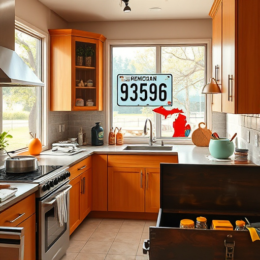 A hyperrealistic depiction of a small kitchen remodel specialist’s workspace in Romulus, Michigan, showcasing a modern kitchen with warm wood-tone cabinetry, stainless steel appliances, and soft natural lighting from a large window with views of Michigan oak trees and distant lake reflections. The countertops feature tools like precision saws, color swatches, and blueprints, highlighting craftsmanship and creativity. A vintage Michigan license plate integrated into the backsplash adds local flavor, while open cabinets display playful kitchen gadgets such as retro toasters and spice jars, creating a lively, approachable atmosphere. In the background, a cozy outdoor patio with a herb garden and picnic table emphasizes community. The warm earth-tone color palette, accented with mint green, yellow, and blue, enhances the inviting mood. The hyperrealism emphasizes textures from wooden cabinets to tiled surfaces, capturing attention to detail. A small, cheerful inspection flag with a Michigan flag detail pokes from a toolbox, adding fun and local pride. Overall, the scene exudes craftsmanship, innovation, and community spirit, perfect for a blog celebrating small kitchen remodels in Romulus, Michigan.