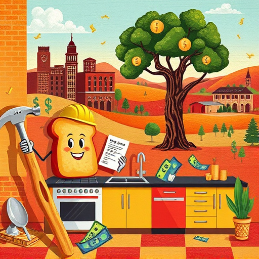 A modern, space-efficient kitchen designed for small spaces, featuring innovative storage solutions and compact appliances. The scene includes floating shelves filled with colorful dishware and potted herbs, a fold-away dining table with whimsical mushroom-shaped chairs, and a small window with cheerful curtains allowing natural light to brighten the pastel and white color palette. Quirky details such as a smiling face magnetized knife strip and a clock made of mismatched teacups add playful charm. Textured geometric tiles on the backsplash, decorative plants, and a vibrant fruit bowl enhance the lively atmosphere. Photorealistic detail captures metallic fixtures, handcrafted pottery textures, and gleaming surfaces, highlighting functionality and cheerful personality in a clutter-free, inviting modern small kitchen design.