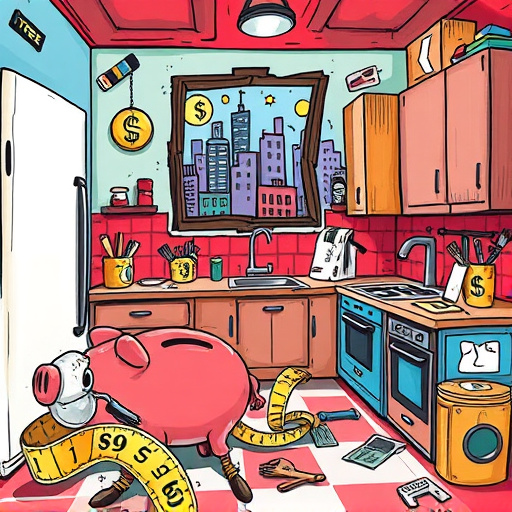 A detailed Byzantine-style depiction of a kitchen transforming from a small, cozy space into a spacious, modern culinary area. The scene features an ornate, gold-accented kitchen counter with swirling geometric patterns and floral motifs, integrating mosaic-like textures with stylized kitchen utensils such as elaborate ladles, decorative pots, and delicate spice jars arranged symmetrically. The walls are decorated with luminous mosaics of grapevines and olive branches, symbolizing abundance and growth. A grand archway with Byzantine geometric borders opens into a bright, airy environment, suggesting expansion and possibility. Quirky details include a stylized rooster perched atop a spice jar, and a tiny golden olive tree growing from a cracked mosaic tile, representing renewal. The background transitions from a dark, modest kitchen to a luminous, expansive space with jewel tones, golds, turquoise blues, and rich reds, enhancing the sense of transformation. The composition features shimmering, flat textures with metallic accents, evoking reverence and creativity, highlighting the theme of expanding a compact kitchen with elegance and historical artistry.