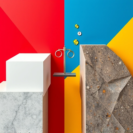 A vibrant Bauhaus-inspired abstract composition featuring stylized geometric shapes representing quartz and granite countertops. The quartz is depicted as sleek, white and pastel-colored rectangular blocks with smooth, polished surfaces, while the granite is shown as jagged, irregular polygons in rich earth tones like deep browns, gray specks, and metallic gold flecks, illustrating natural texture. A minimalist scale or balance beam in the center suggests comparison, accompanied by floating surreal icons such as magnifying glasses, dollar signs, and abstract price tags, adding playful detail. The background showcases bold red, blue, and yellow geometric planes, creating a lively and balanced environment. The overall style emphasizes clean lines, simplified forms, and vibrant colors, blending professionalism with approachable, quirky charm, ideal for illustrating contrasting upscale kitchen surface options.