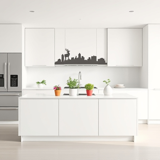 A sleek, minimalist kitchen scene featuring clean lines and simple geometric shapes. The contemporary layout includes a streamlined island, smooth white cabinetry, and minimalistic appliances, all in a tranquil palette of soft whites, muted grays, and subtle pastel accents. Playfully arranged atop the countertop are tiny, colorful potted herbs with exaggerated, whimsical leaves that extend beyond realistic proportions, adding personality. In the background, a stylized silhouette of Plymouth, Michigan’s historic downtown is subtly embedded above the cabinets in a darker shade, providing local context. A minimalist deer sculpture peeks behind the island, adding a touch of local charm. The overall atmosphere is professional yet inviting, emphasizing craftsmanship and transformation, with understated playful elements and bursts of cheerful colors for a refined, eye-catching aesthetic suitable for a home renovation blog cover.
