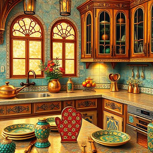 A vibrant, Mexican Muralism-inspired illustration of a top-rated kitchen in Novi, Michigan, featuring bold colors and expressive lines. The expansive, open-concept kitchen showcases colorful murals on the walls depicting Michigan’s natural landscapes, including lush green forests, sparkling lakes, and swirling snowflakes, combined with lively culinary motifs like overflowing pots, fresh herbs, and ornate utensils. Architectural elements are exaggerated with oversized decorative cabinets decorated with intricate patterns in reds, yellows, blues, and greens, creating a warm, creative atmosphere. The countertops display playful, abstract shapes representing kitchen tools and cutting boards, suggesting innovative craftsmanship. Quirky details include a large, swirling faucet and a cheerful sunflower peeking through a window, adding personality. Large windows framed by murals reveal Novi’s scenic outdoors with stylized trees, lake reflections, and a bright sky. The scene conveys a lively, inspiring mood emphasizing creativity, mastery, and local spirit, all brought to life through strong contrasts, bold lines, and vivid colors typical of Mexican Muralism.
