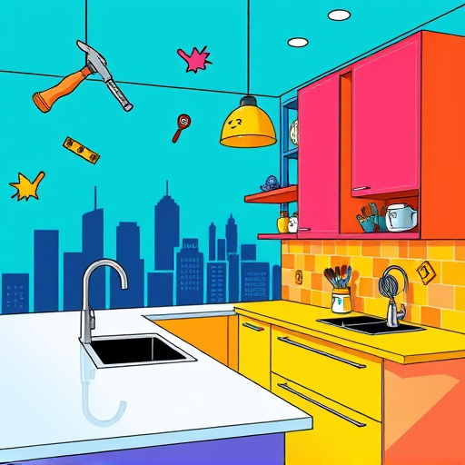 A hyperrealistic, warmly lit modern kitchen featuring polished marble countertops, gleaming state-of-the-art appliances, and neatly organized utensils in open drawers. A transparent glass jar filled with colorful miniature icons representing mortgage and loan elements (dollar signs, credit cards, piggy banks) adds a playful touch. The scene includes a contemporary kitchen island with a quirky animated calculator with cartoon eyes and a cheeky smile, infusing personality. In the background, a large window showcases a lush garden with vibrant greenery and blooming flowers, symbolizing growth. Floating semi-transparent financial charts and pie graphs are integrated into the scene to emphasize planning and budgeting. The overall mood is calm and inspiring, with warm earth tones, fresh greens, and subtle metallic accents, highlighting accessible and innovative kitchen remodeling financing options in a vivid, hyperrealistic style.